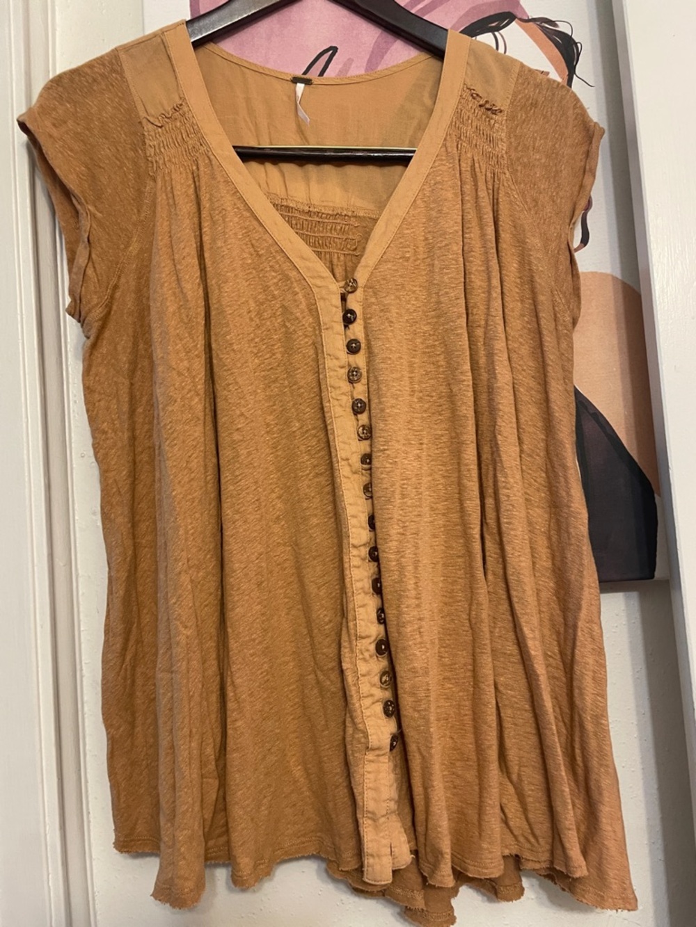 Free People Mustard Button-Front Cap Sleeve Tunic